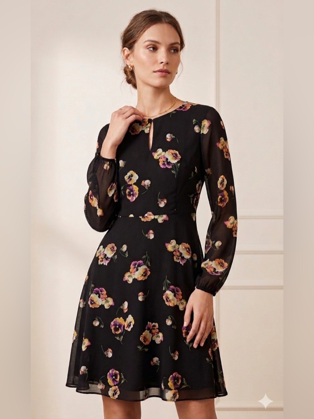 Forever 21 Contemporary Floral Long Sleeve Chiffon Mini Dress, Size Medium